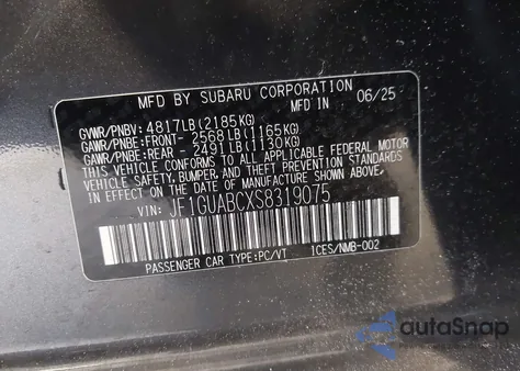 2025 Subaru Impreza Base 5-Door from USA, damaged, VIN JF1GUABCXS8319075